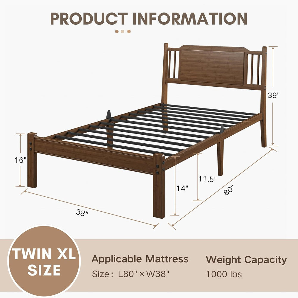 Twin XL 14" Solid Bamboo Wood Bed Frames with Headboard, Brown