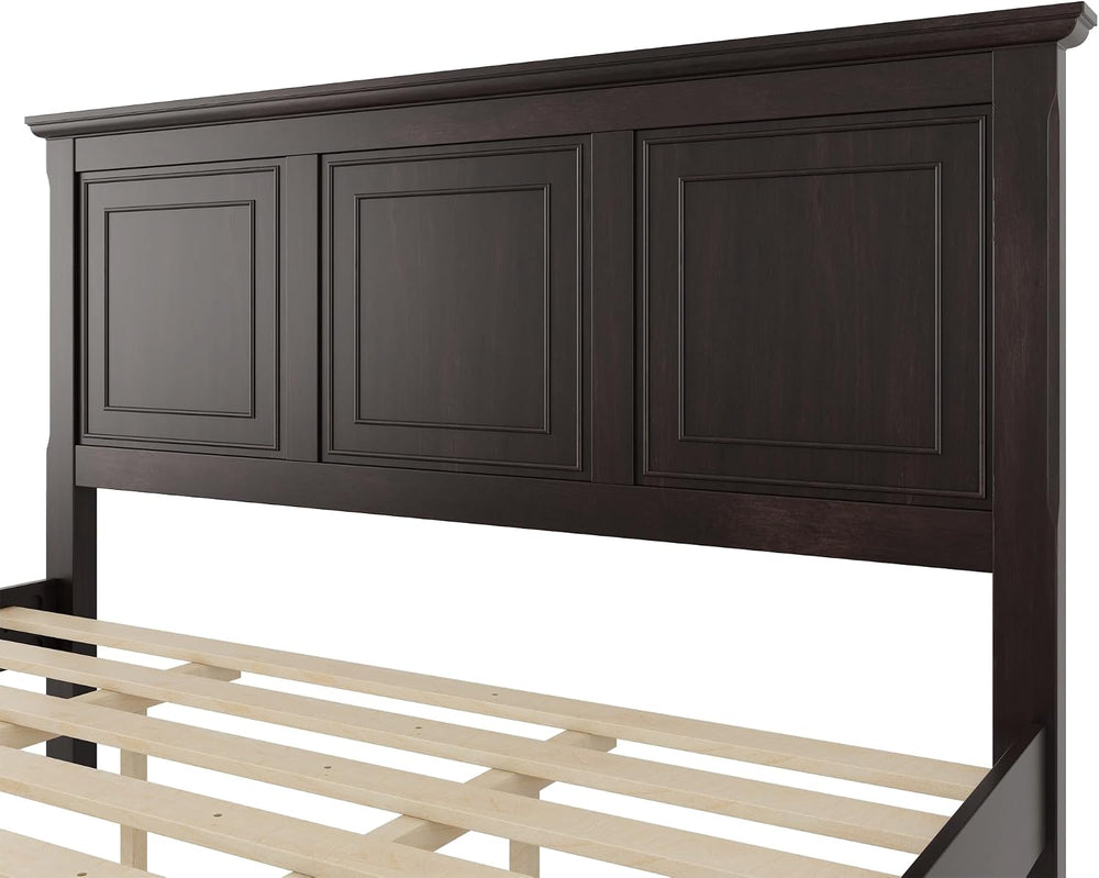 RuiSiSi King Size Solid Wood Bed with Tall Headboard & Footboard, Mid Cen...