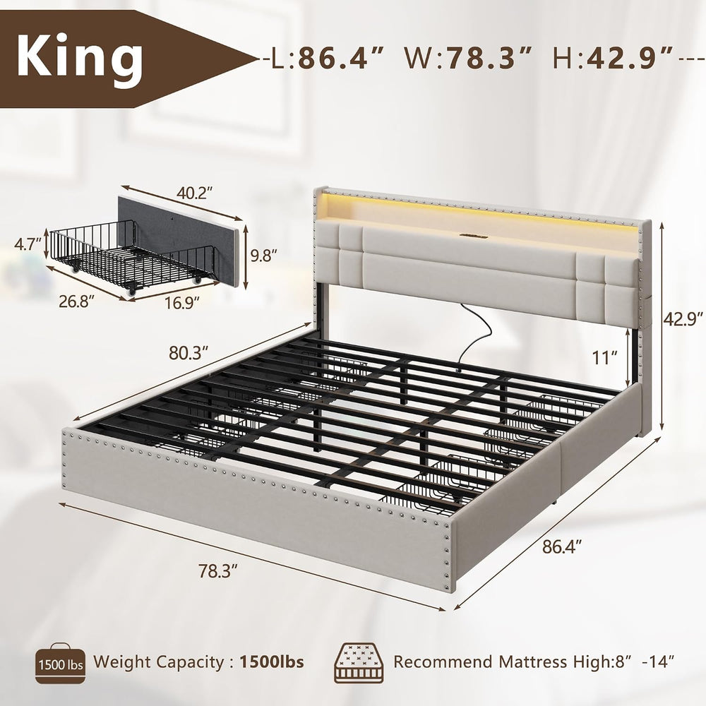 Forestell King Size Bed Frame with Headboard & 4 Storage Drawers, Beige