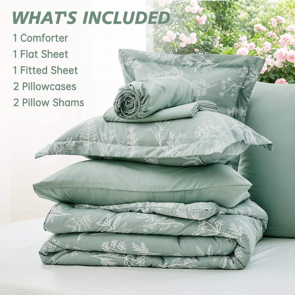 MUXHOMO Queen Comforter Set, 7-Piece Floral Bed in a Bag, Sage Green