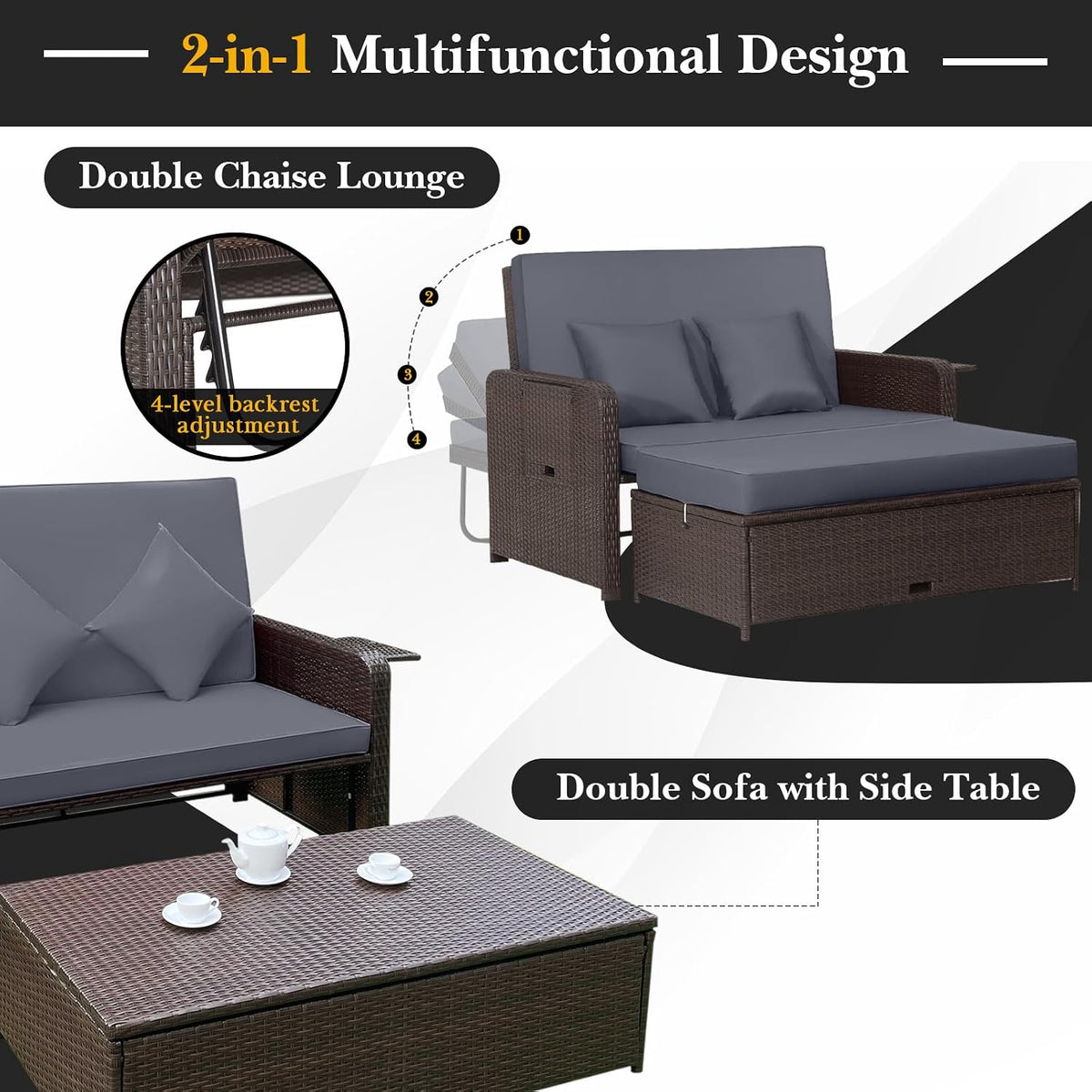 tangkula patio rattan daybed with 4-level adjustable backrest, view 9