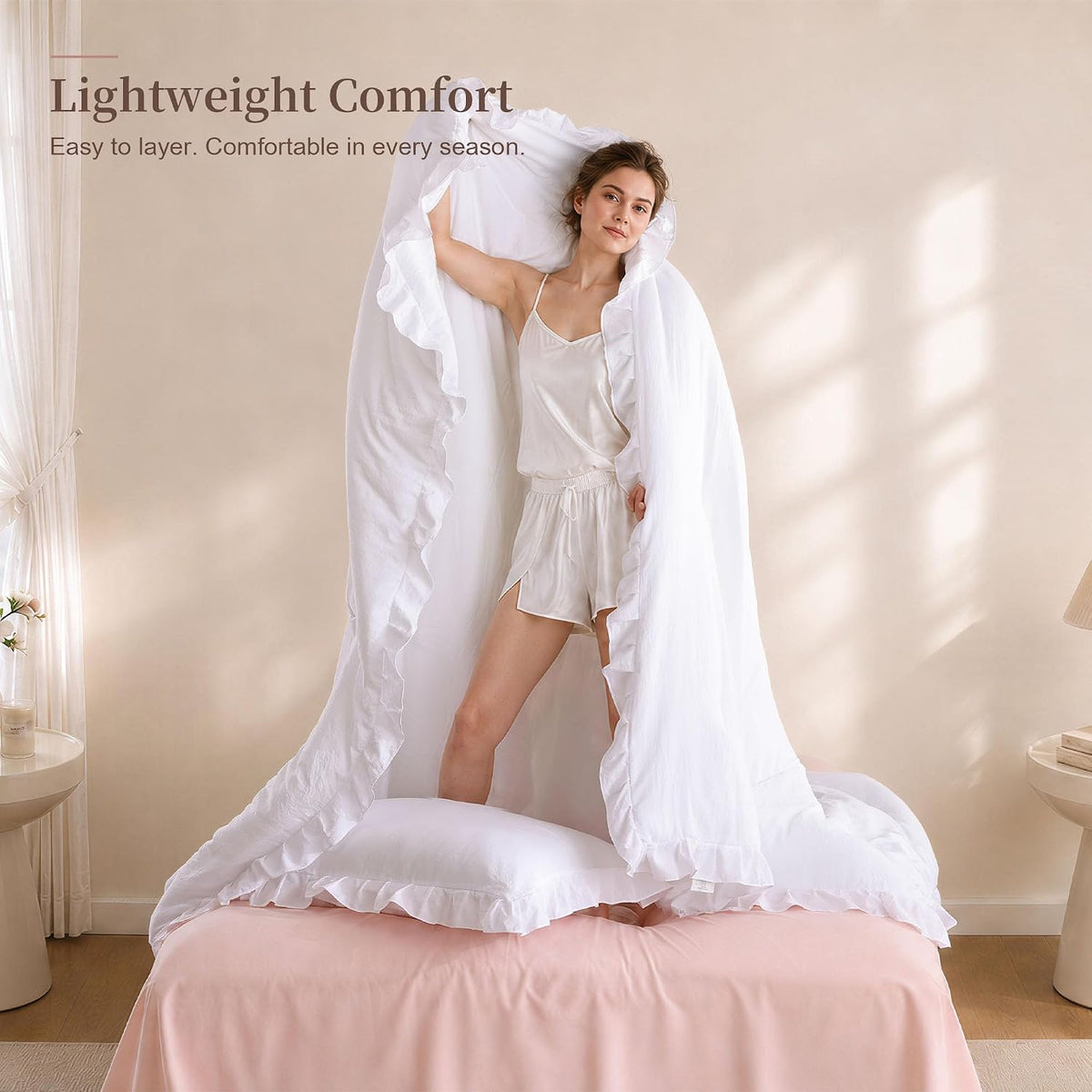 janzaa white comforter set twin, ruffle soft bedding, front angle view