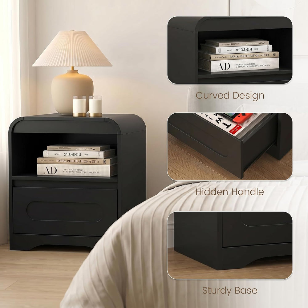 Wood Nightstand with Drawers, Curved Bedside Side End Table w/Open Storage