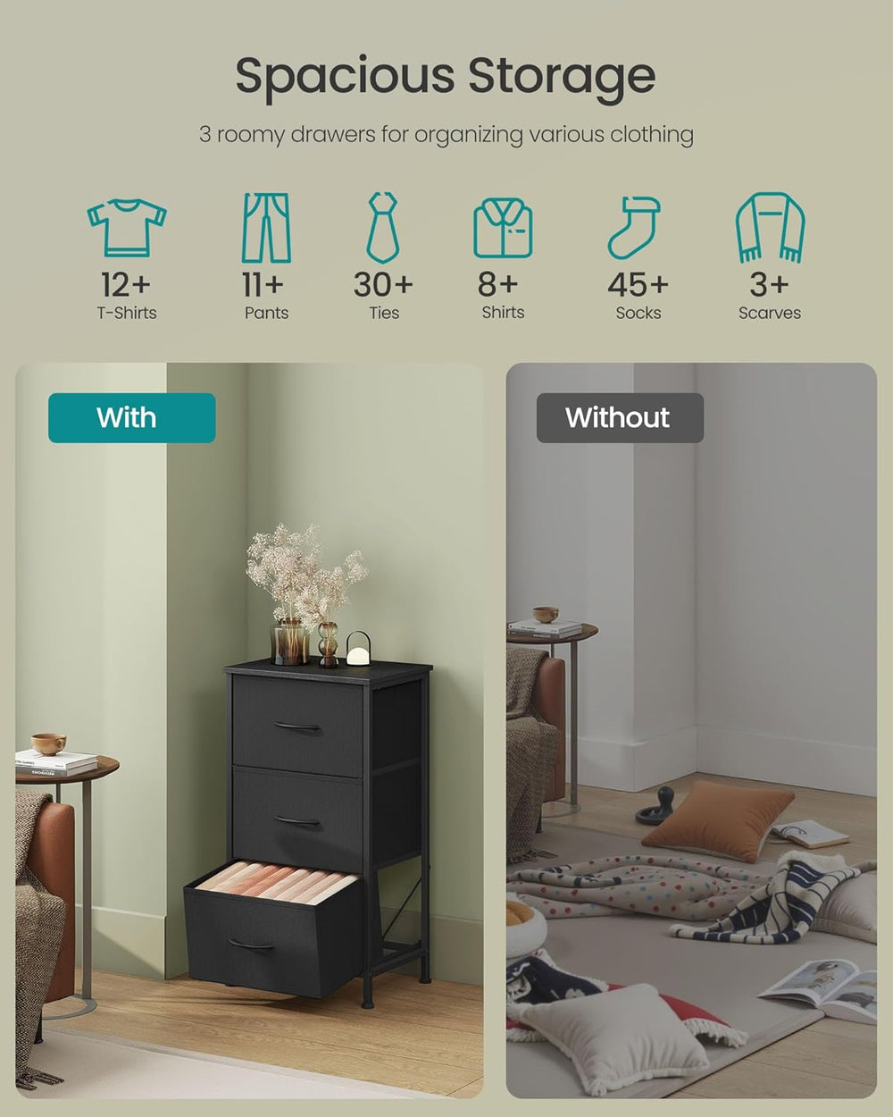 SONGMICS Dresser for Bedroom, Small Dresser with 3 Fabric Drawers