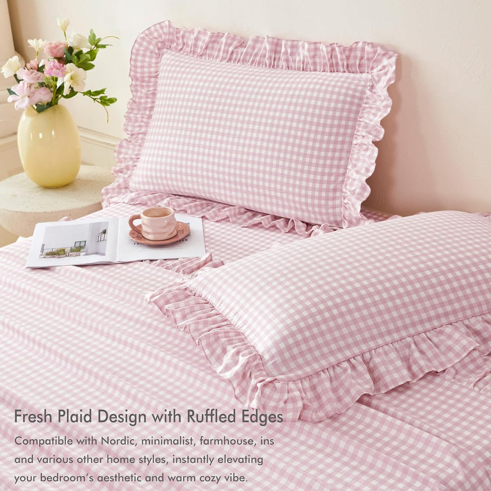 King Gingham Ruffled Sheet Set with 16" Deep Pockets 4 Pieces