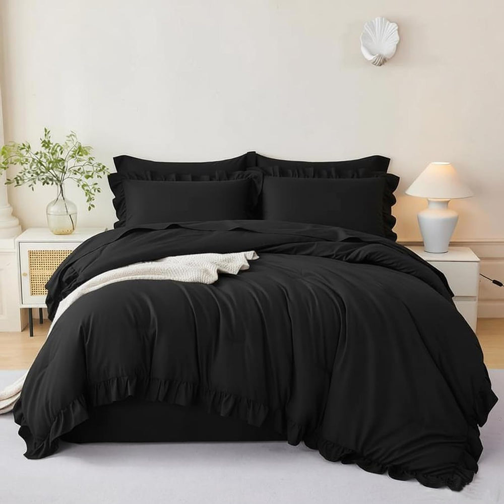 ANGIYUIN Black Queen Size Comforter Set 5Pcs Ruffle Bed in A Bag