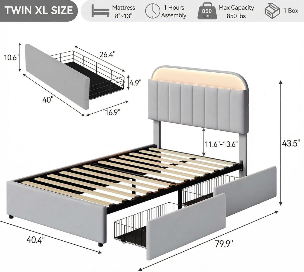 GarveeHome TwinXL Bed Frame, Platform Bed with Storage Headboard & Drawers