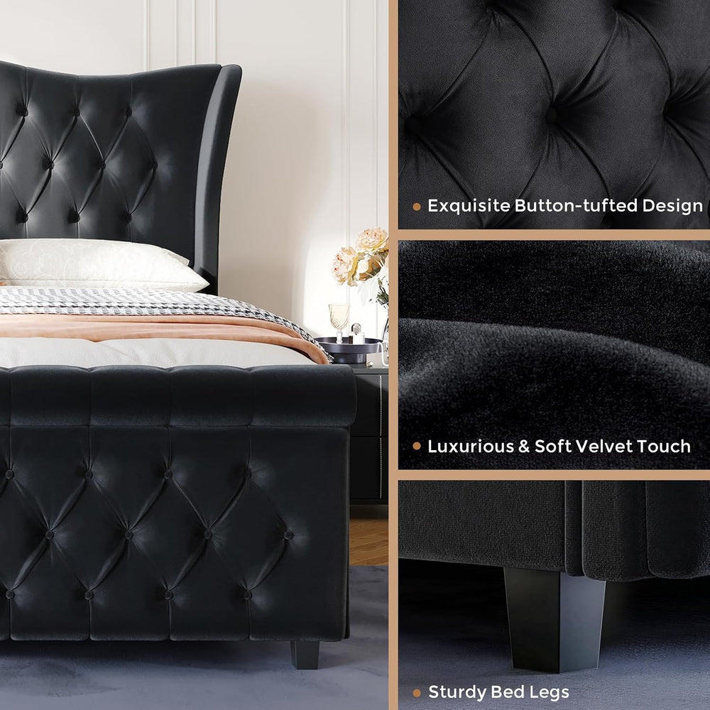 koorlian Queen Bed Frame Upholstered Wingback Headboard Sleigh Footboard