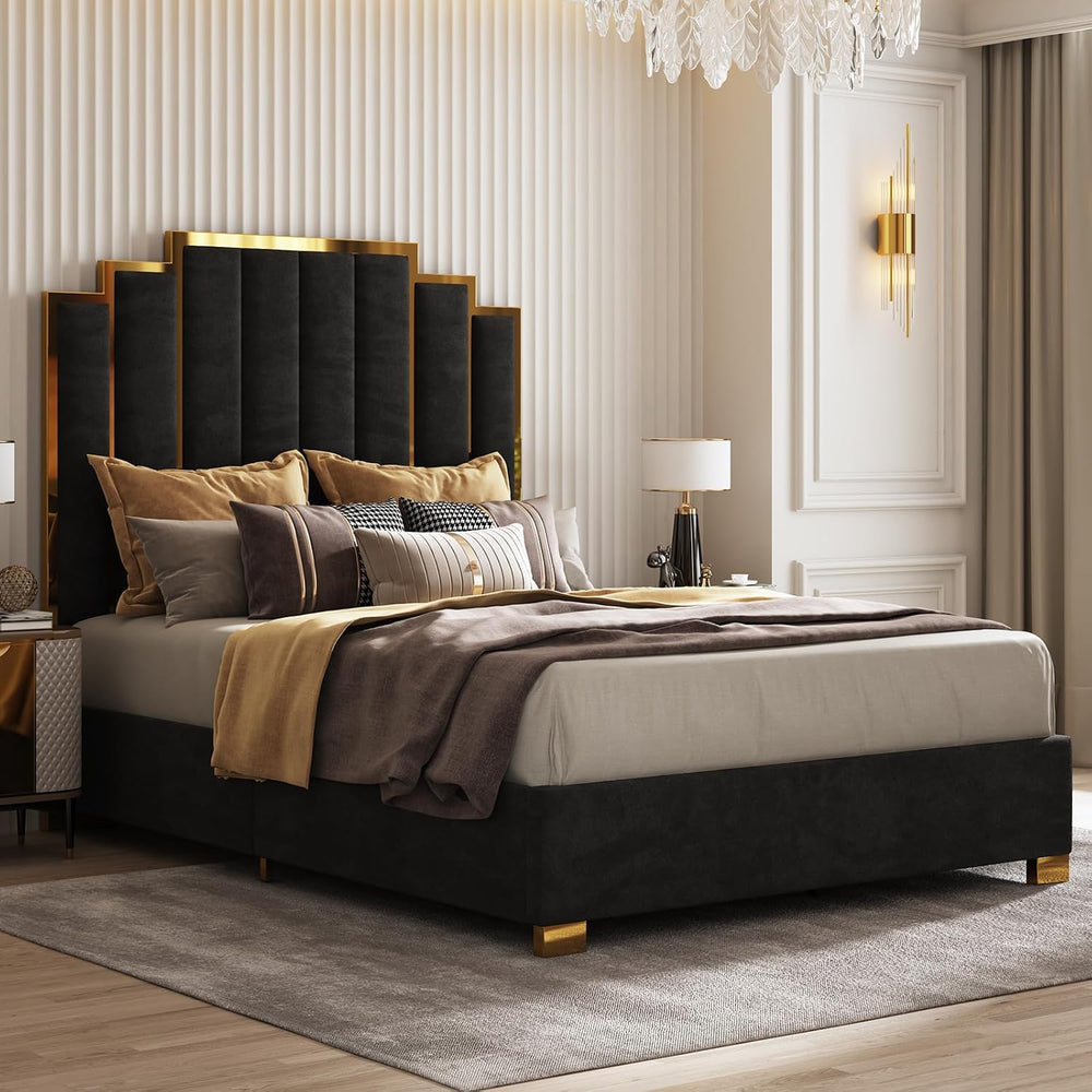 AMERLIFE Queen Size Velvet Upholstered Bed with Gold Trim Headboard, Black