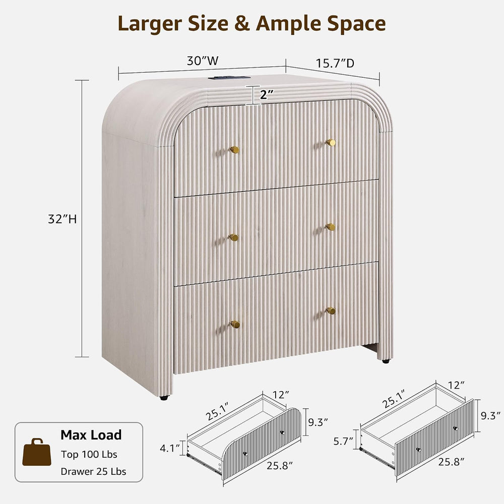 T4TREAM 32 Inch Fluted Nightstand with Charging Station, Alder White