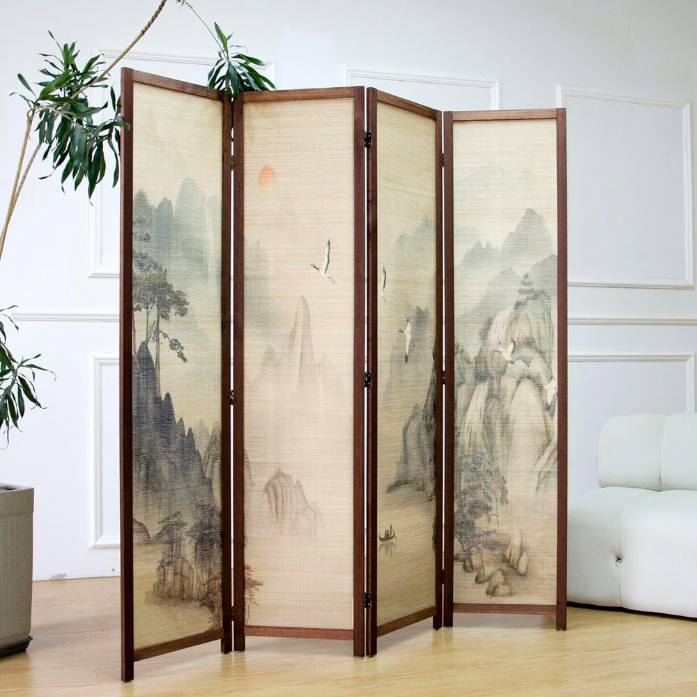 Furnnylane 4 Panel Bamboo Room Divider, 5.6 ft Tall Double-Sided Folding Priv...