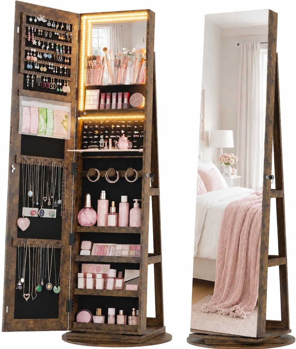 HWB 360° Swivel Mirror Jewelry Cabinet, 3 LED Lights, Lockable, Brown