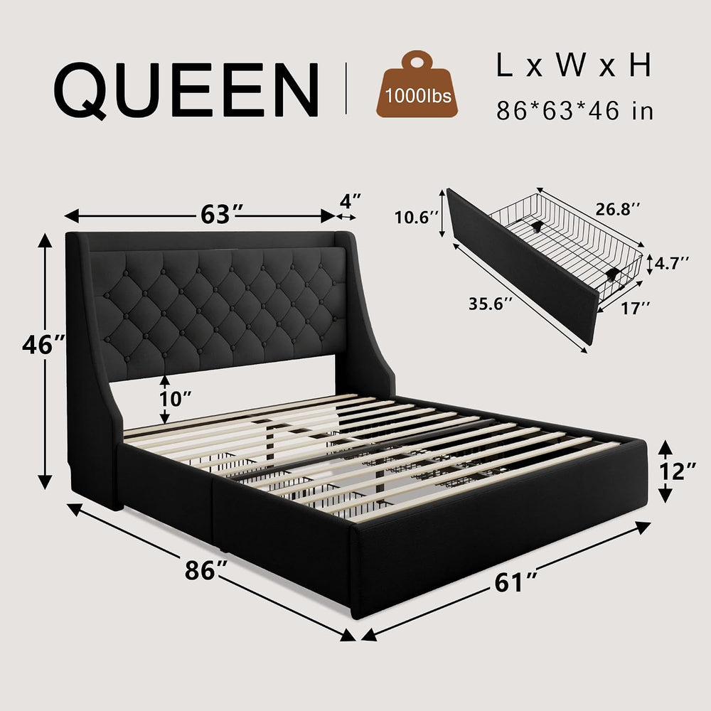 Einhomn Queen Bed Frame with 4 Storage Drawers, Upholstered Modern Bed Frame ...