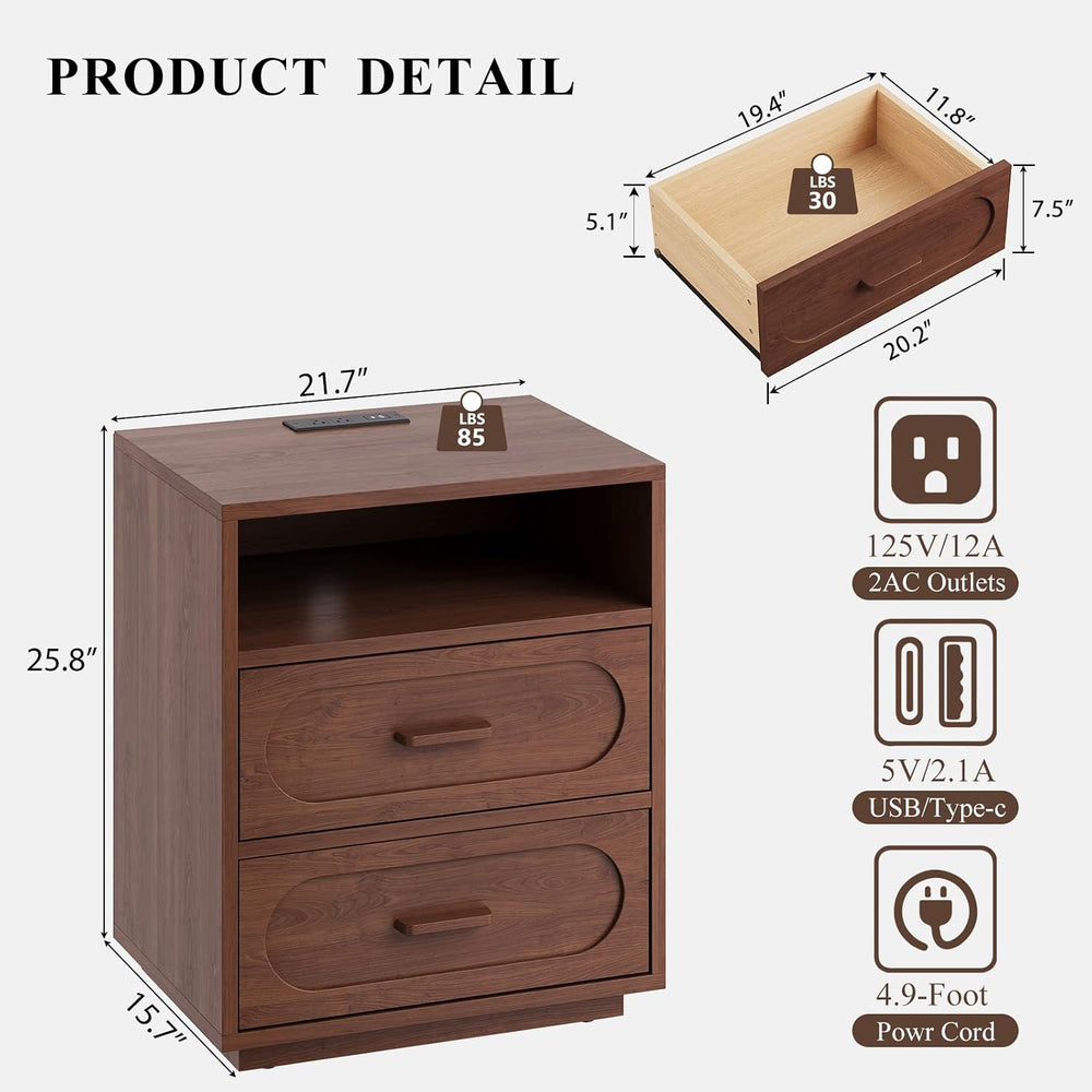 YANSNWO 25.8" Tall 2-Drawer Nightstand with Charging Station, Walnut