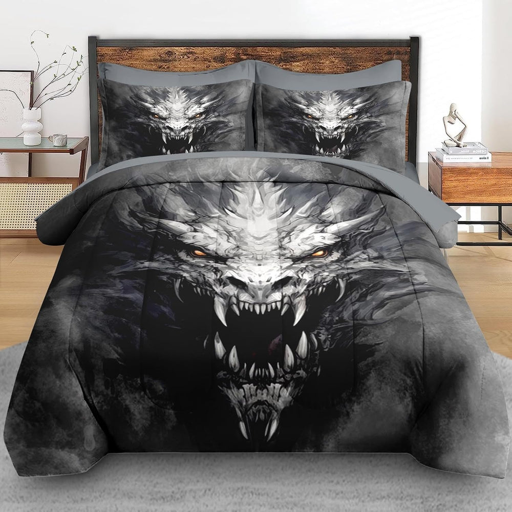 Pamnest King Comforter Set with Sheets, 7 Pieces Dragon Gray Bedding