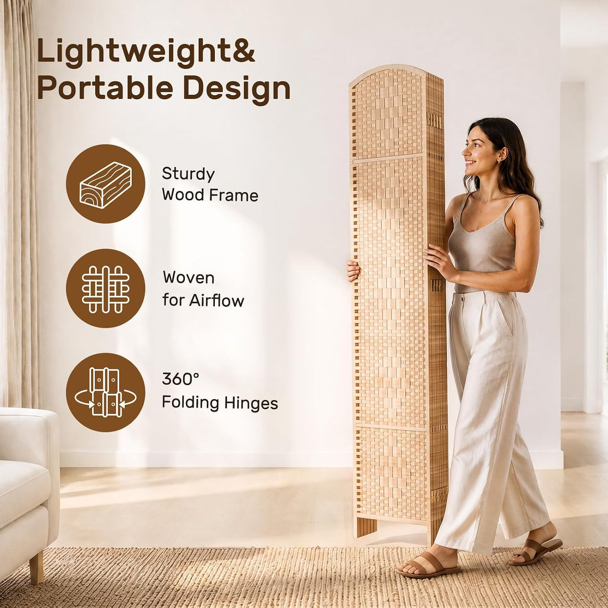 teakmama room divider,folding privacy screen,3 panel wall divider,natural on a desk or shelf
