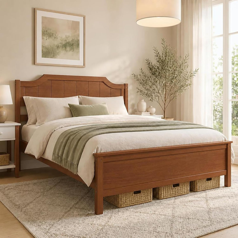 KOMFOTT Queen Size Bed Frame with Headboard, Wood Platform Bed (Walnut)