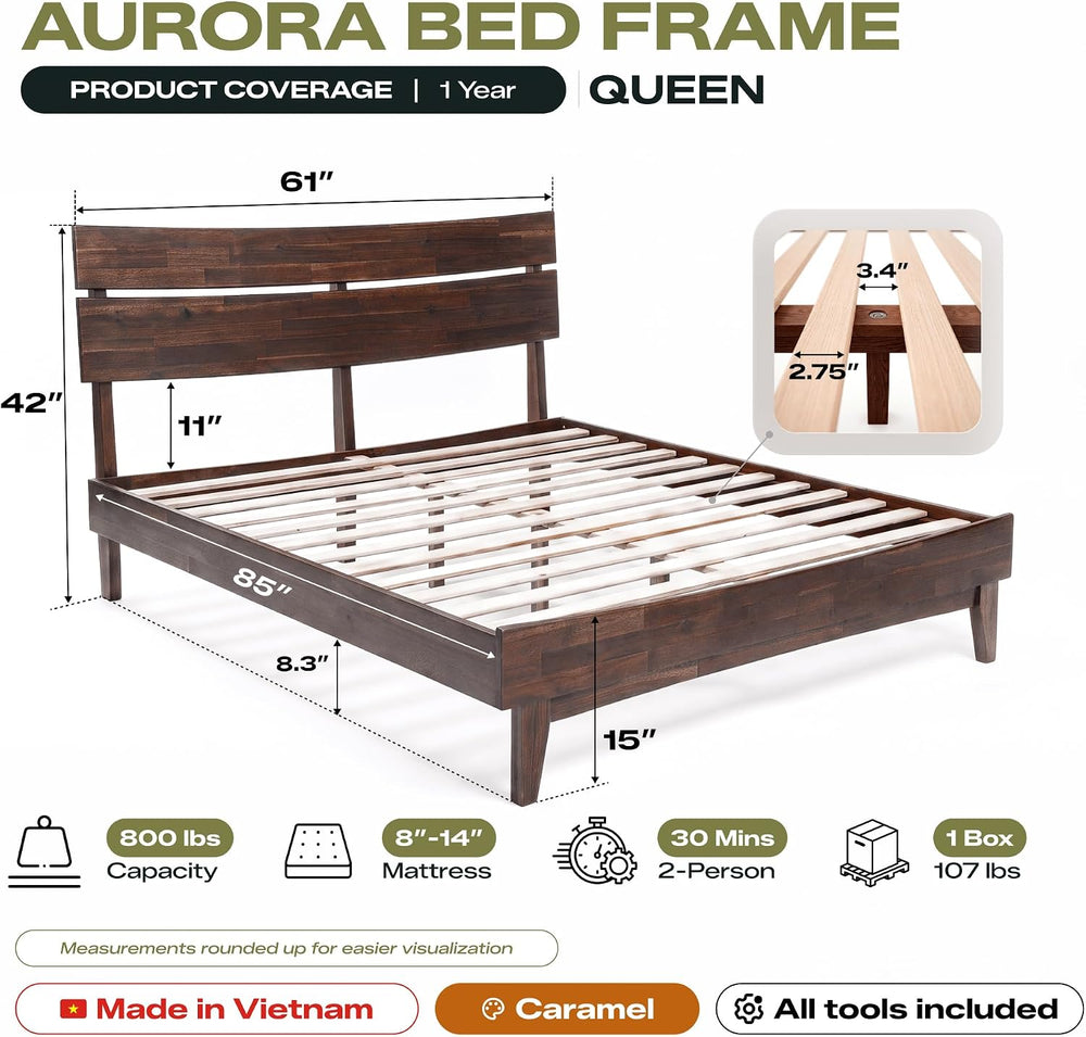 Aurora Acacia Solid Wood Queen Platform Bed Frame with Headboard, Chocolate