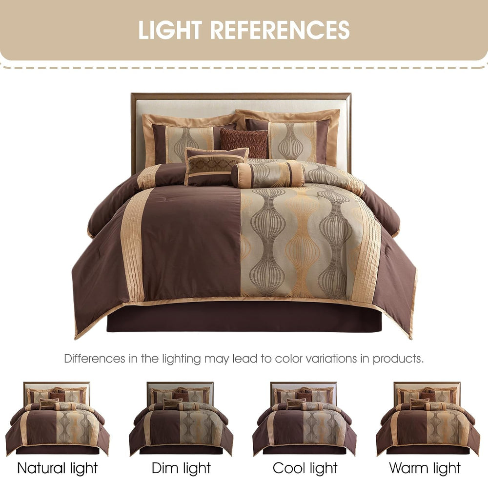 Elagant Jacquard Brown Comforter Set, Size California King, 7 Piece Bed in a ...