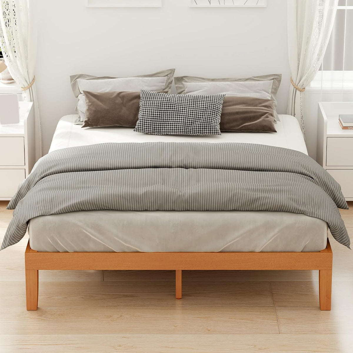 sweetcrispy king size bed frame, platform bed frame, front angle view
