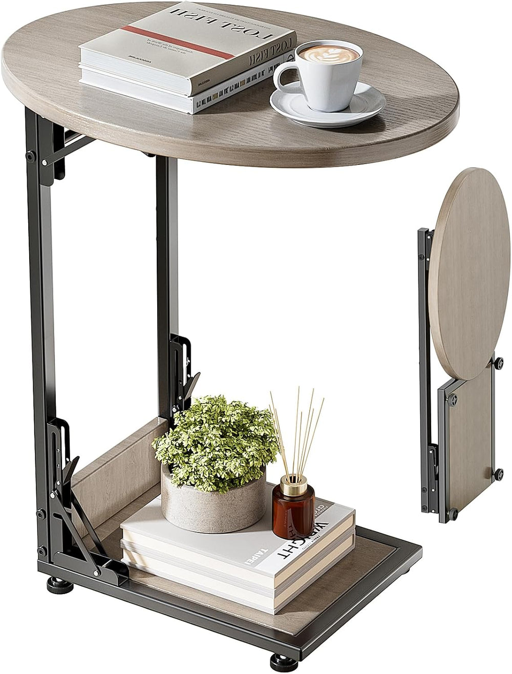 Elbourn Folding Side Table End Couch Tables, C-Shaped TV Stand for Sofa