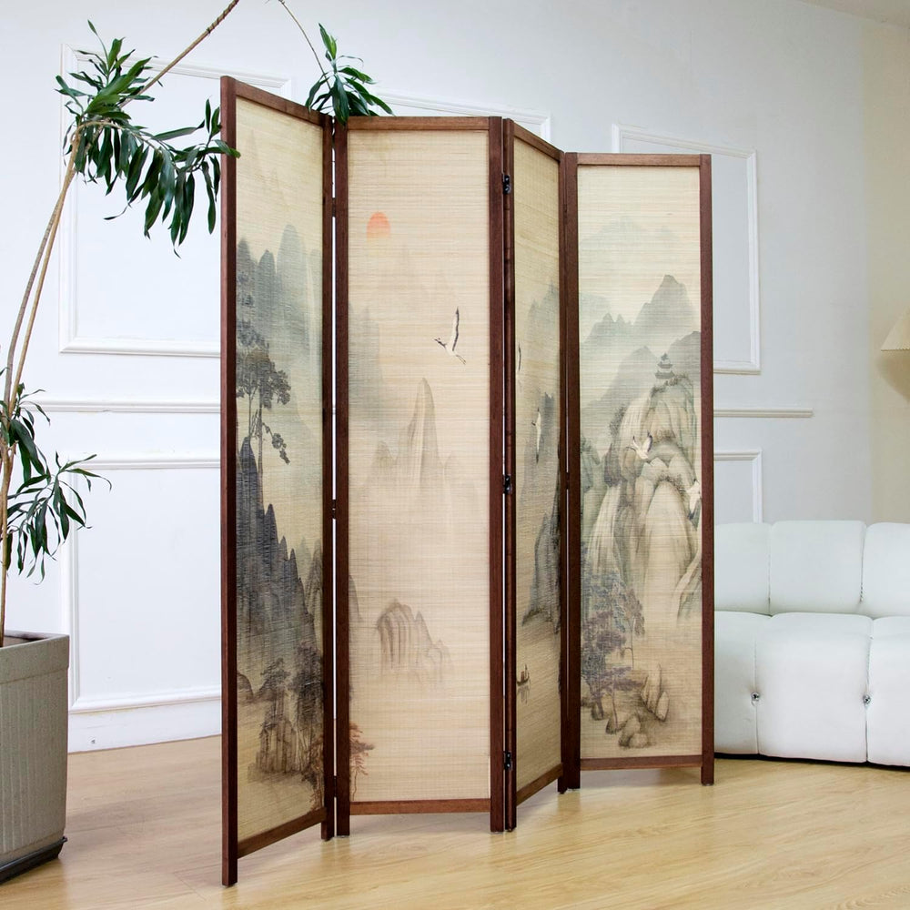 Furnnylane 4 Panel Bamboo Room Divider, 5.6 ft Tall Double-Sided Folding Priv...