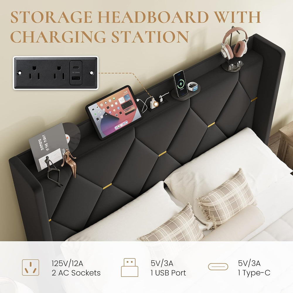SHA CERLIN Full Size Bed Frame with Storage Headboard & Charging Station