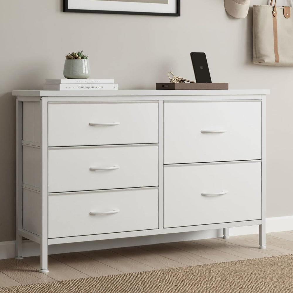 DUMOS TV Stand for Bedroom with 5 Drawers, Storage Chest of Drawers