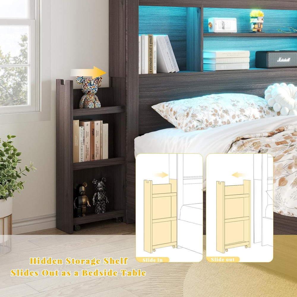 King Size Bed Frame with Bookcase Headboard & Storage, Black