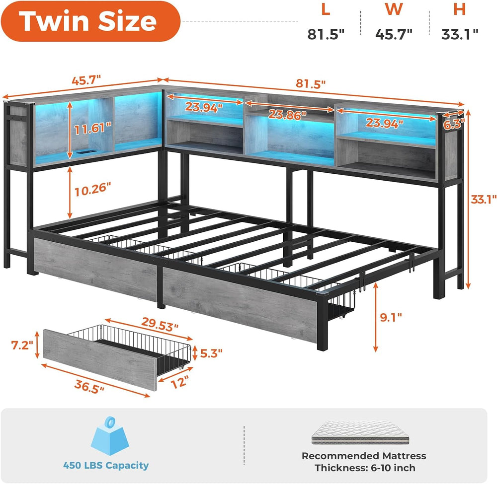 Corner Twin Bed Frame with Bookcase Storage Headboard & Led Lights,Oak Gray