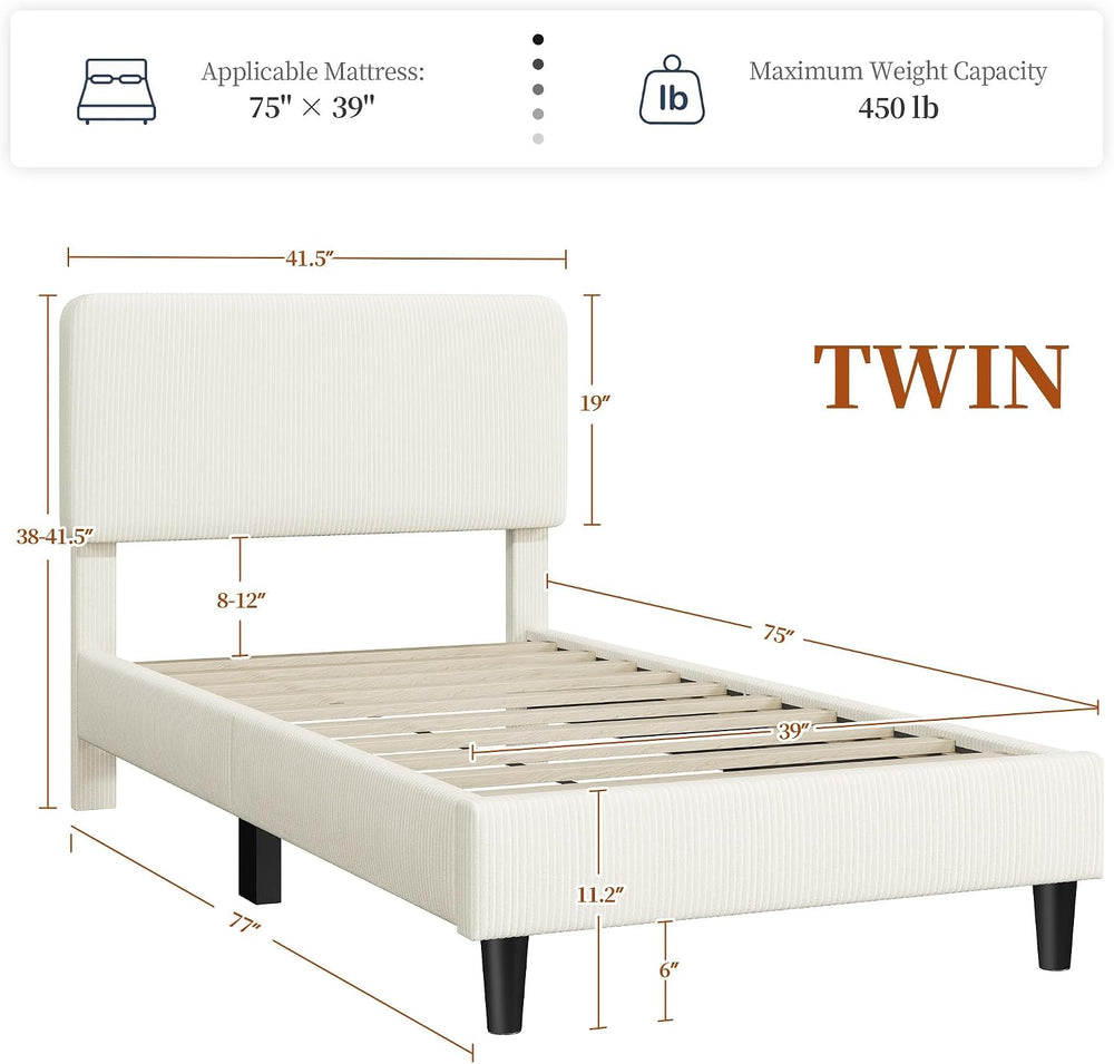 Yaheetech Twin Bed Frame, Adjustable Chenille Upholstered Headboard, Beige