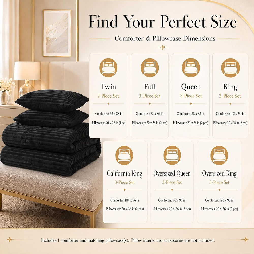 Fleece Oversized Queen Comforter Sets, 3 Piece Warm Black Bedding