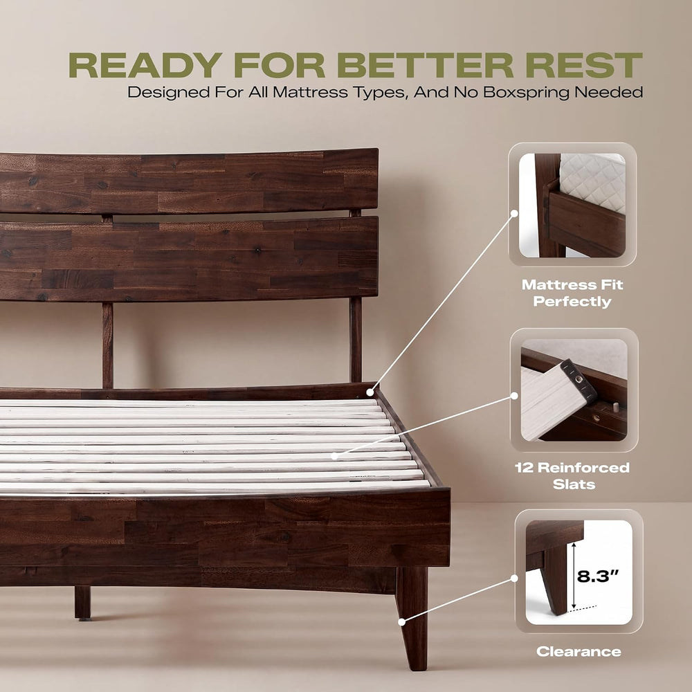 Aurora Acacia Solid Wood Queen Platform Bed Frame with Headboard, Chocolate