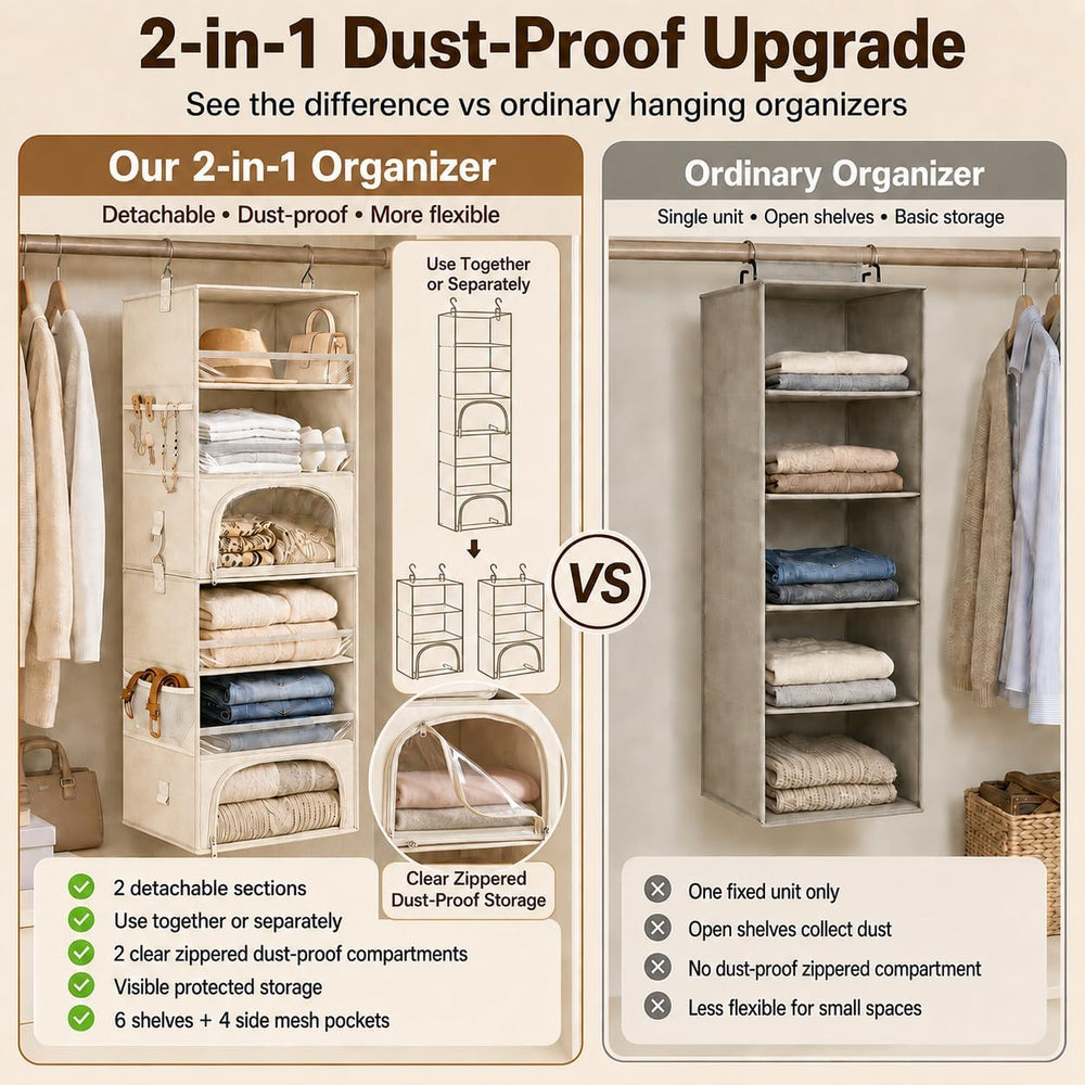 Hanging Closet Organizer for Dorms & RVs, 2-in-1 Dust-Proof