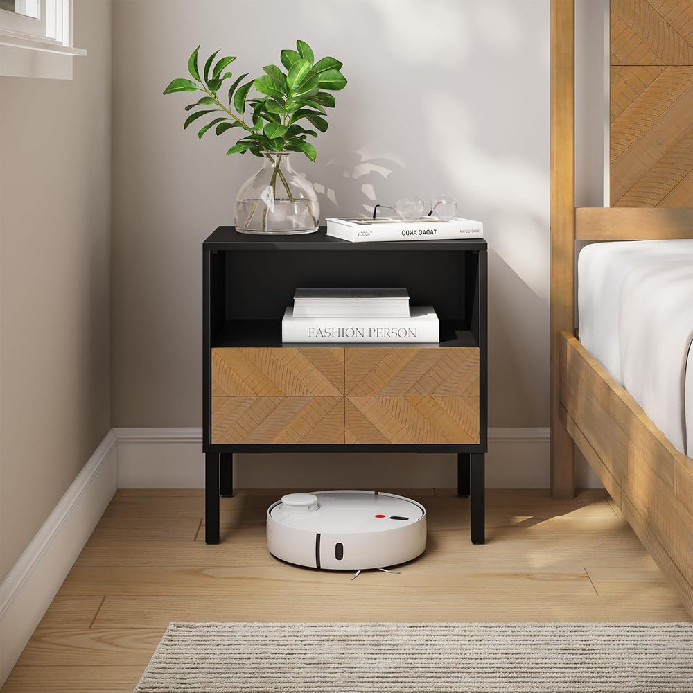 Bme Vivian Solid Wood Nightstand, End Table, Bedside Table with Herringbone P...