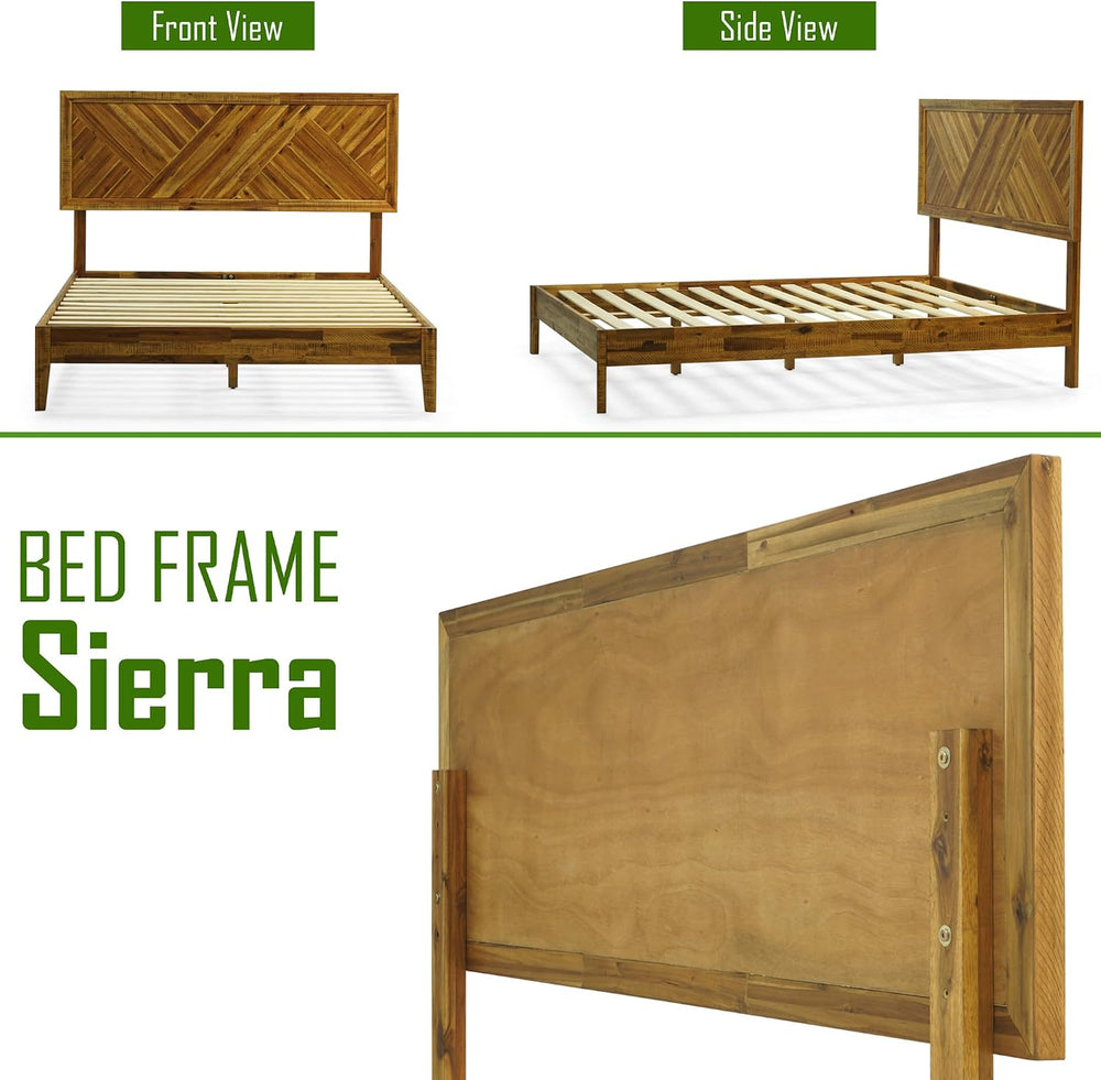Acacia Sierra Bed Frame with Headboard Solid Wood Platform Bed, Queen Bed Fra...