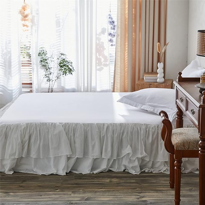 BISELINA White Ruffled Bed Skirt 18-Inch Tailored Drop Cotton Voile Dust Ruffle - Image 8