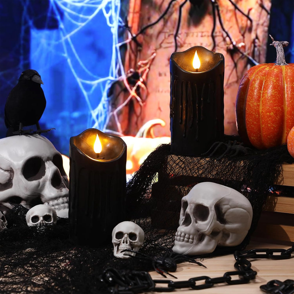 2 Pack Halloween Black Flameless Pillar Candles with Remote, 3 x 6 Inch