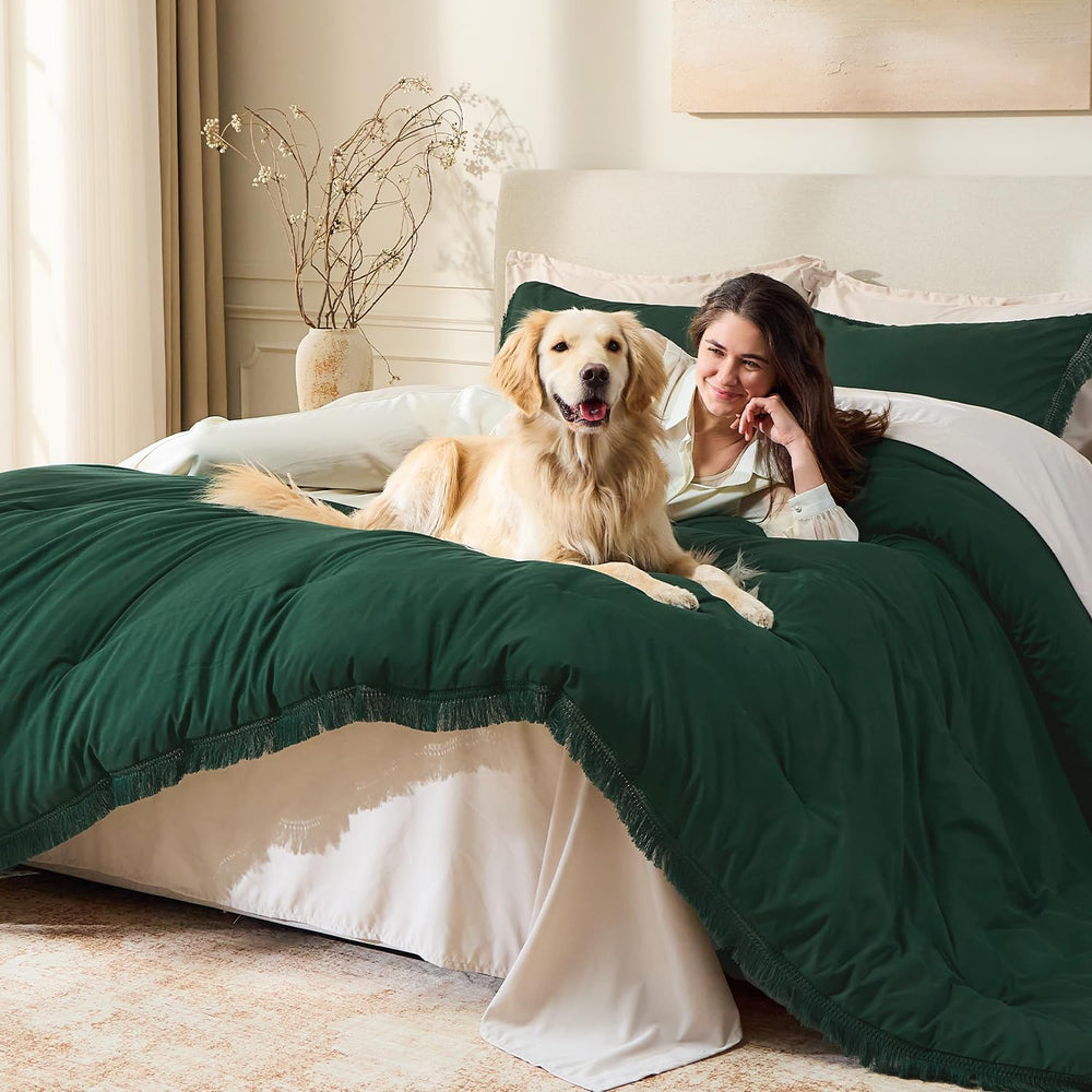 Andency Comforter Oversized King Emerald Green, 3 Pieces Boho Bedding