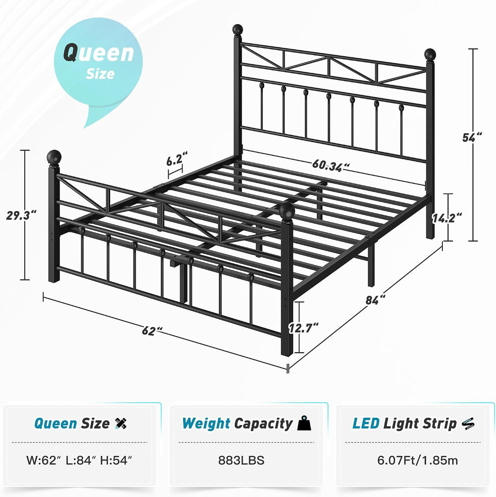 EnHomee Victorian Metal Queen Size Bed Frame,Black, 54-Inch Tall Headboard