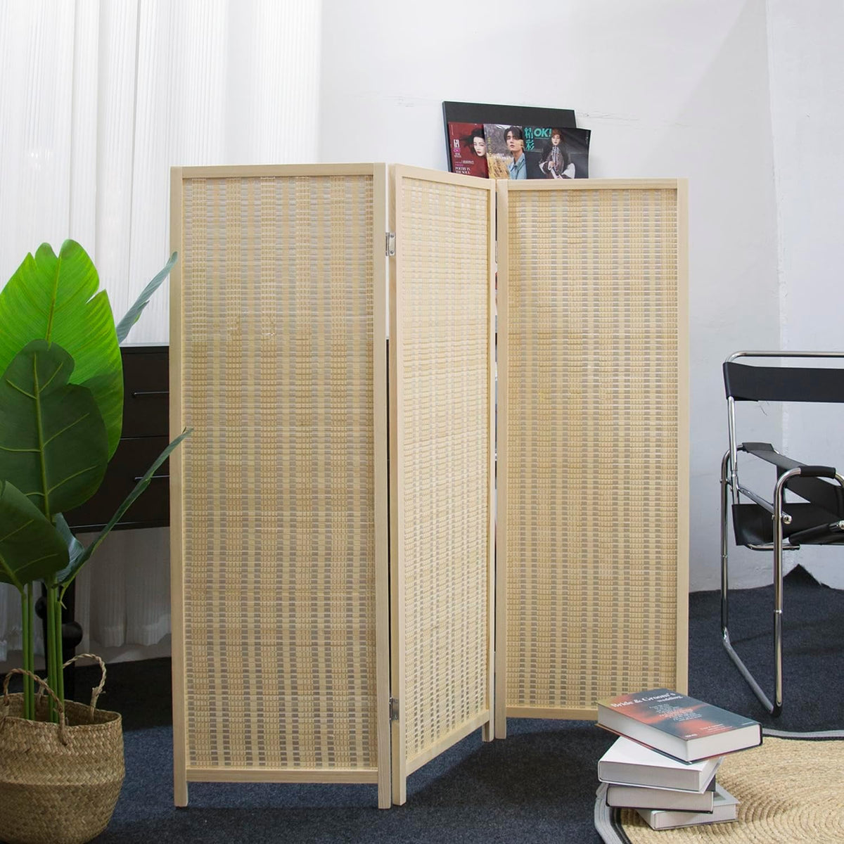 furnnylane 3 panel short room divider screen,beige freestanding showing dimensions