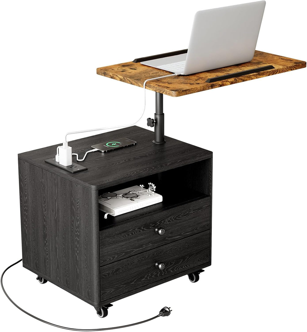 Bedroom Nightstand with Drawers & Charging Station, Adjustable Height Bed...