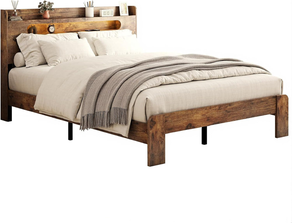 Wooden Queen Size Bed Frame with Storage Headboard, Rustic Farmhouse Platform...