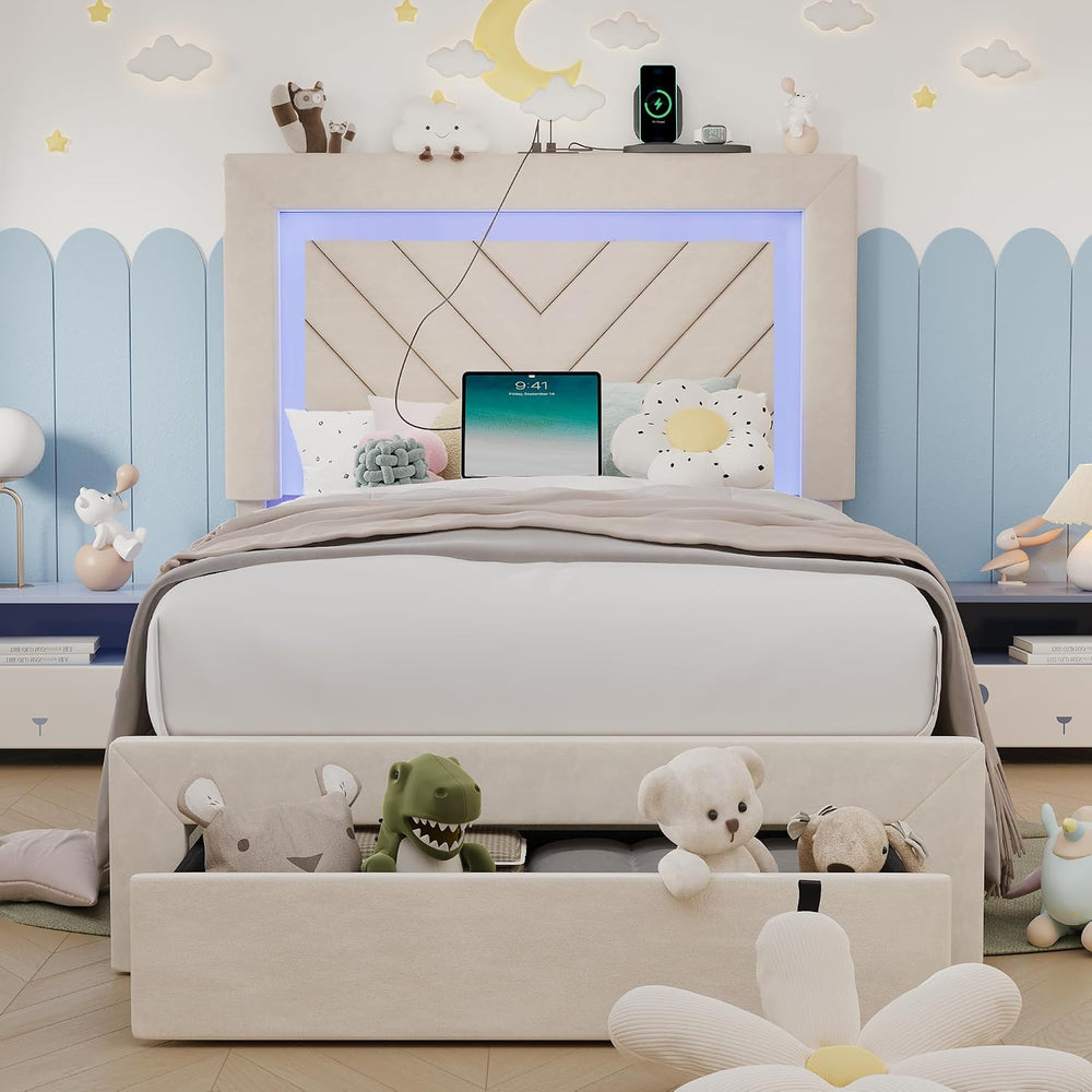 Twin Bed Frame with Adjustable Charged Headboard & Drawer, Off White