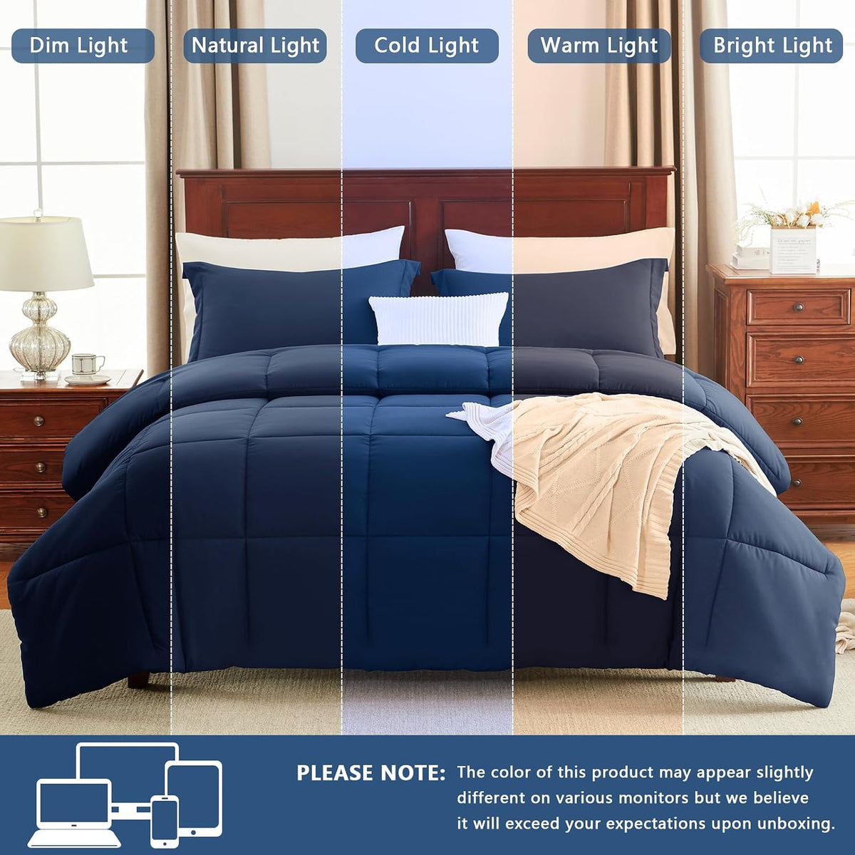 cozylux full size comforter sets, 3-piece box-stitched, navy, view 9