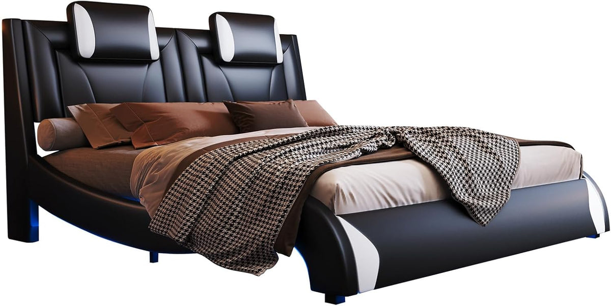 jocisland full led bed frame/faux leather headboard/wave design, view 9