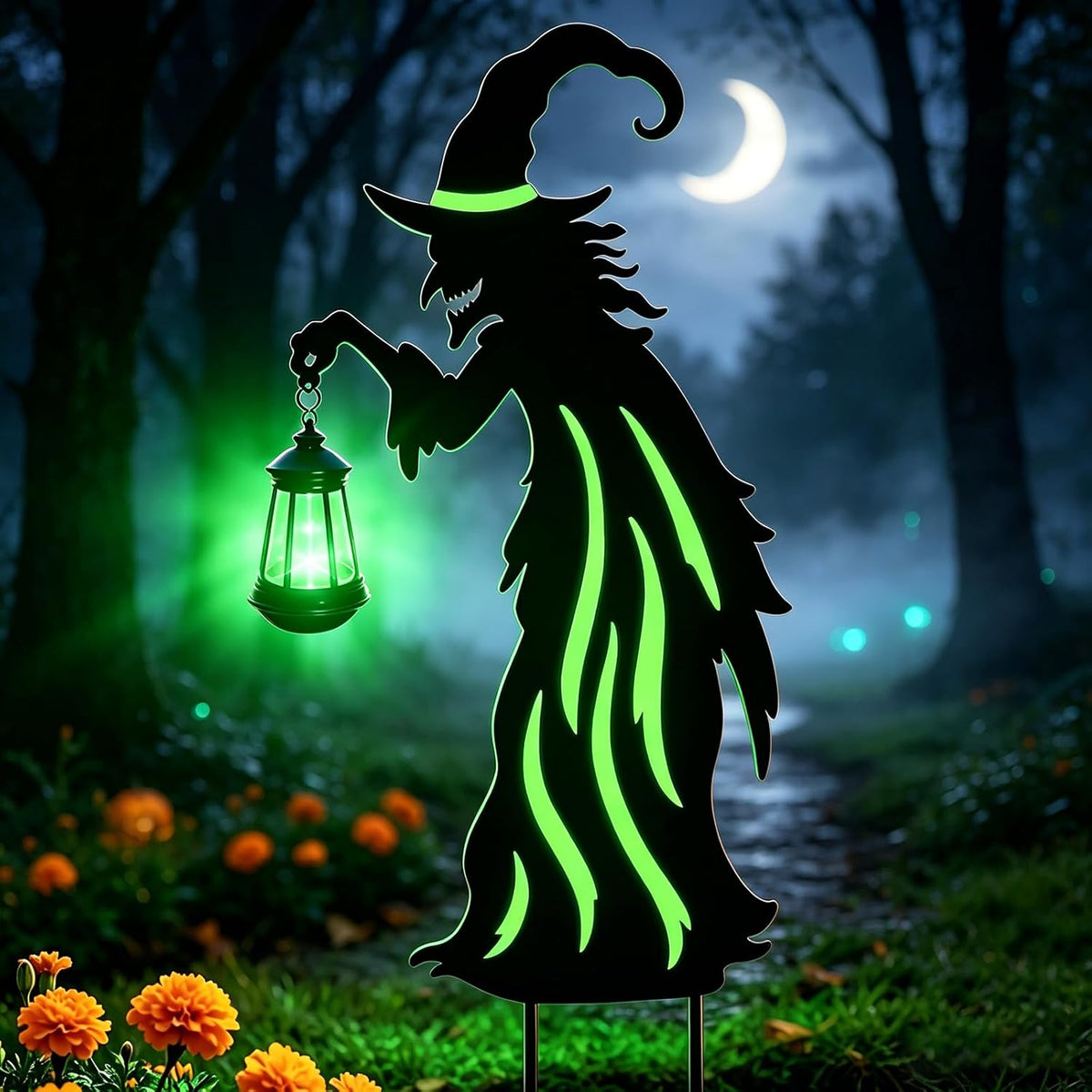 Halloween Decorations Outdoor Metal Witch Garden Stakes with Solar Lights