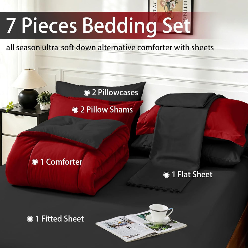 Full Size Comforter Set 7 Pieces, Reversible Bed Set, Bed in a Bag