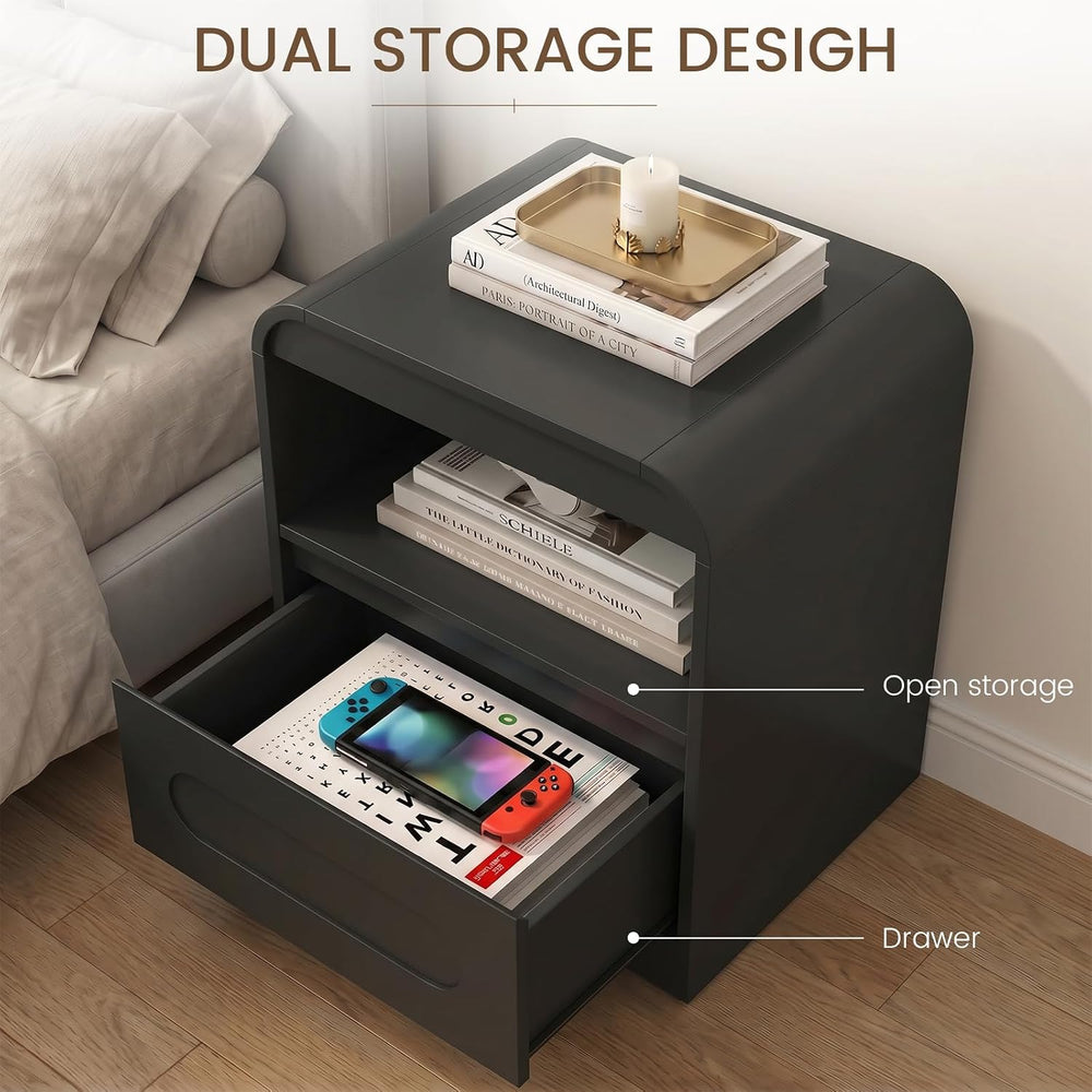 Wood Nightstand with Drawers, Curved Bedside Side End Table w/Open Storage