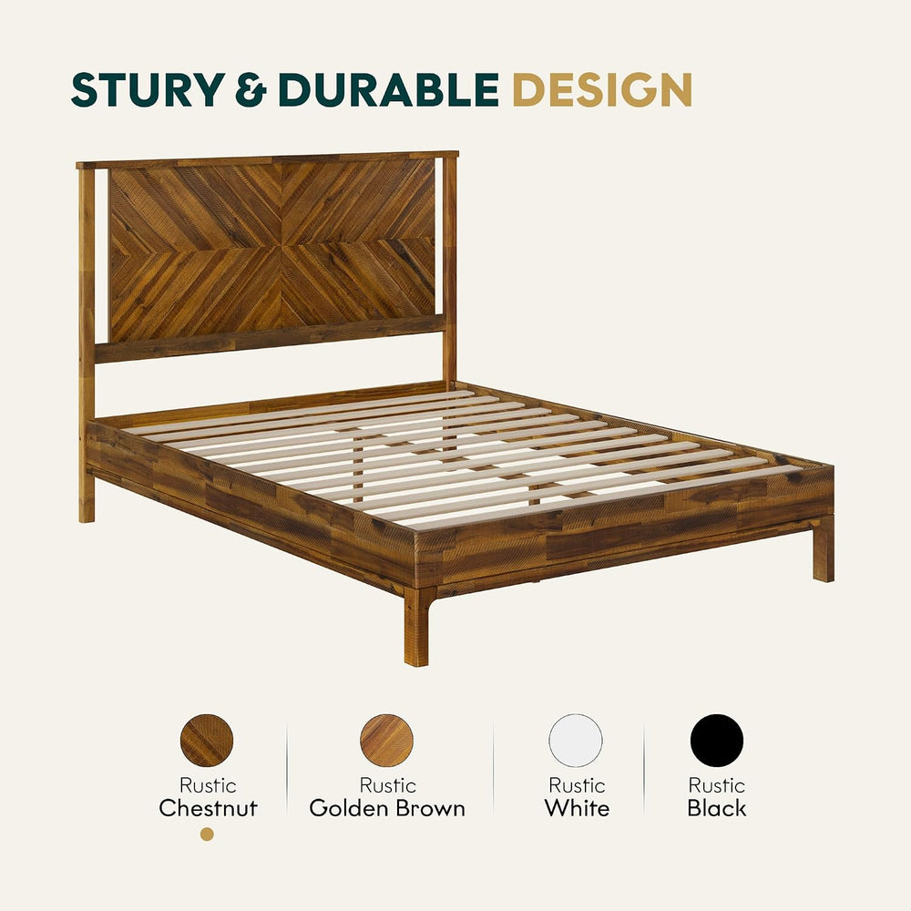 Bme Vivian 14 Inch Queen Size Bed Frame with Headboard, Rustic & Scandina...